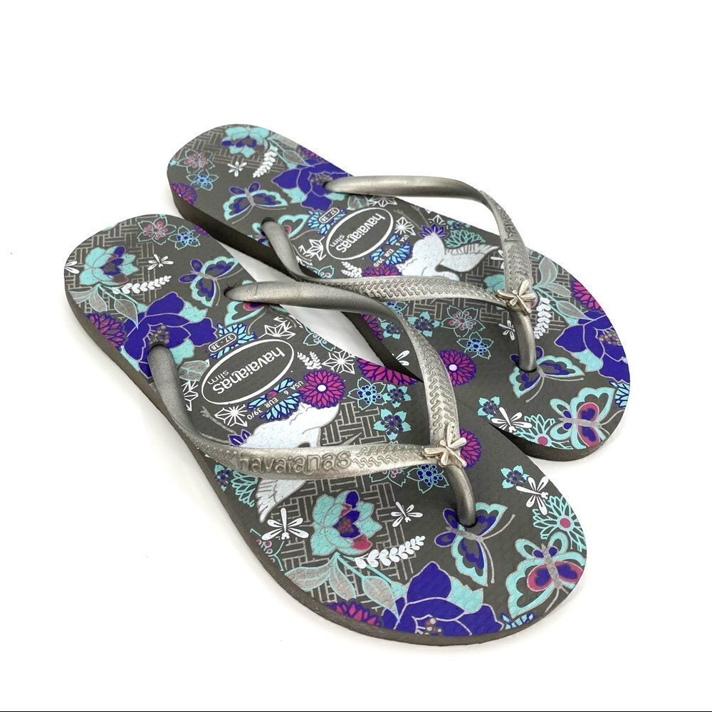 Havaianas gray and teal butterfly flip flops size 6 (37/38)